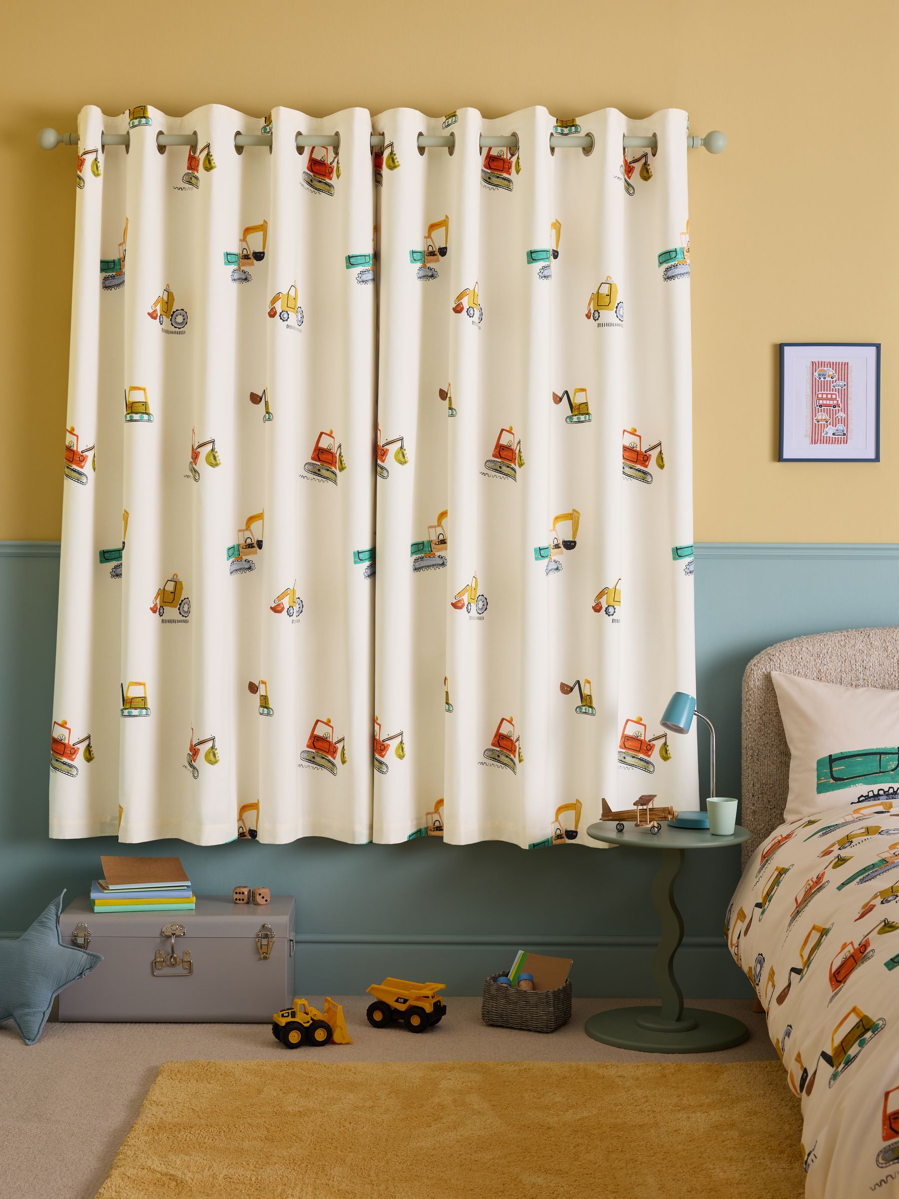 Neutral Diggers eyelet blackout curtains digger print (British brand)
