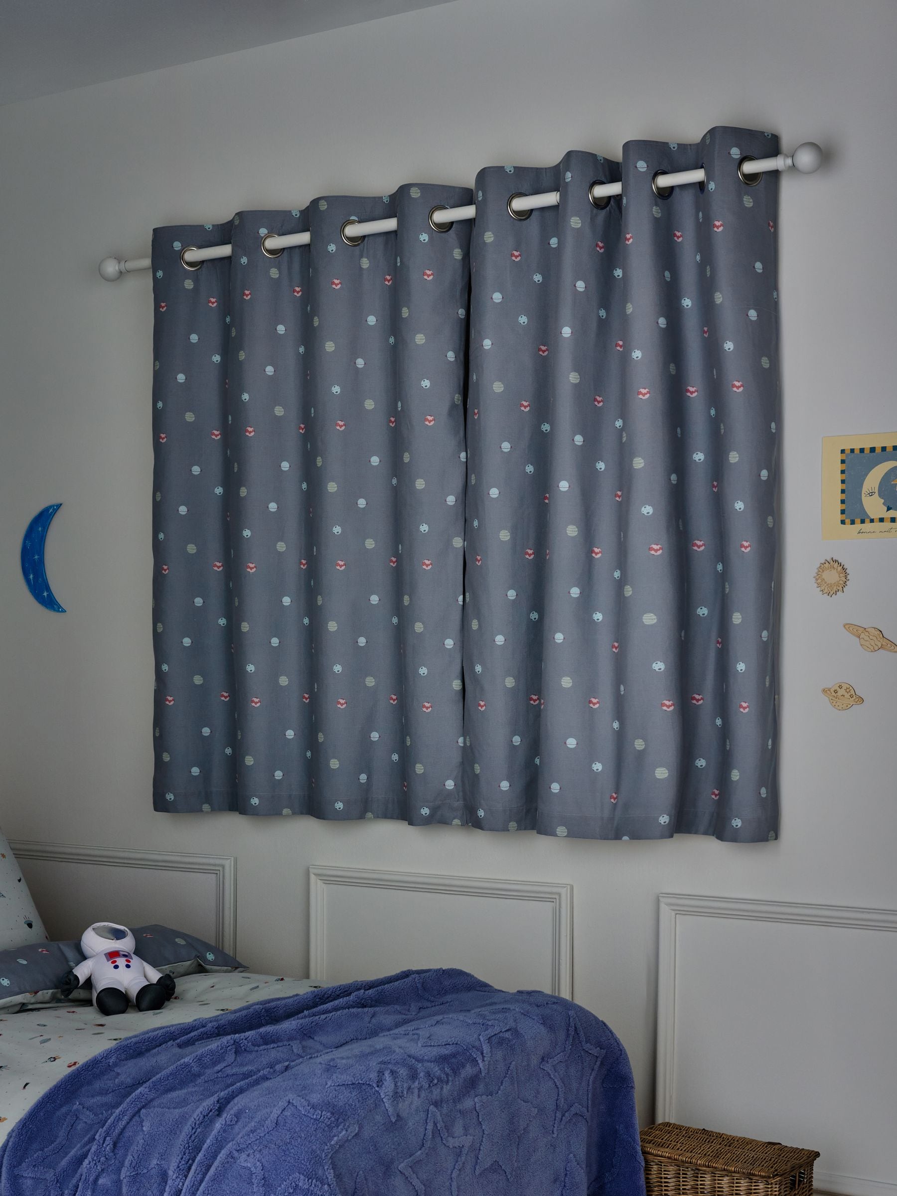 Blue mini space print eyelet blackout curtains pair - British product