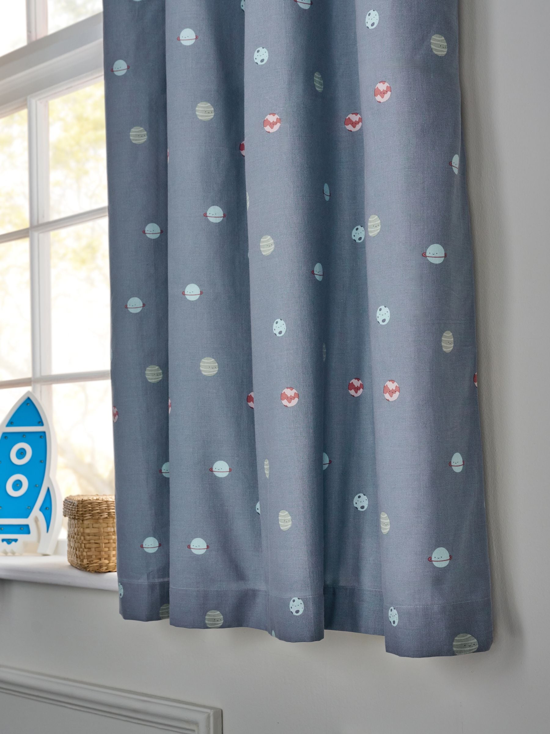 Blue mini space print eyelet blackout curtains pair - British product
