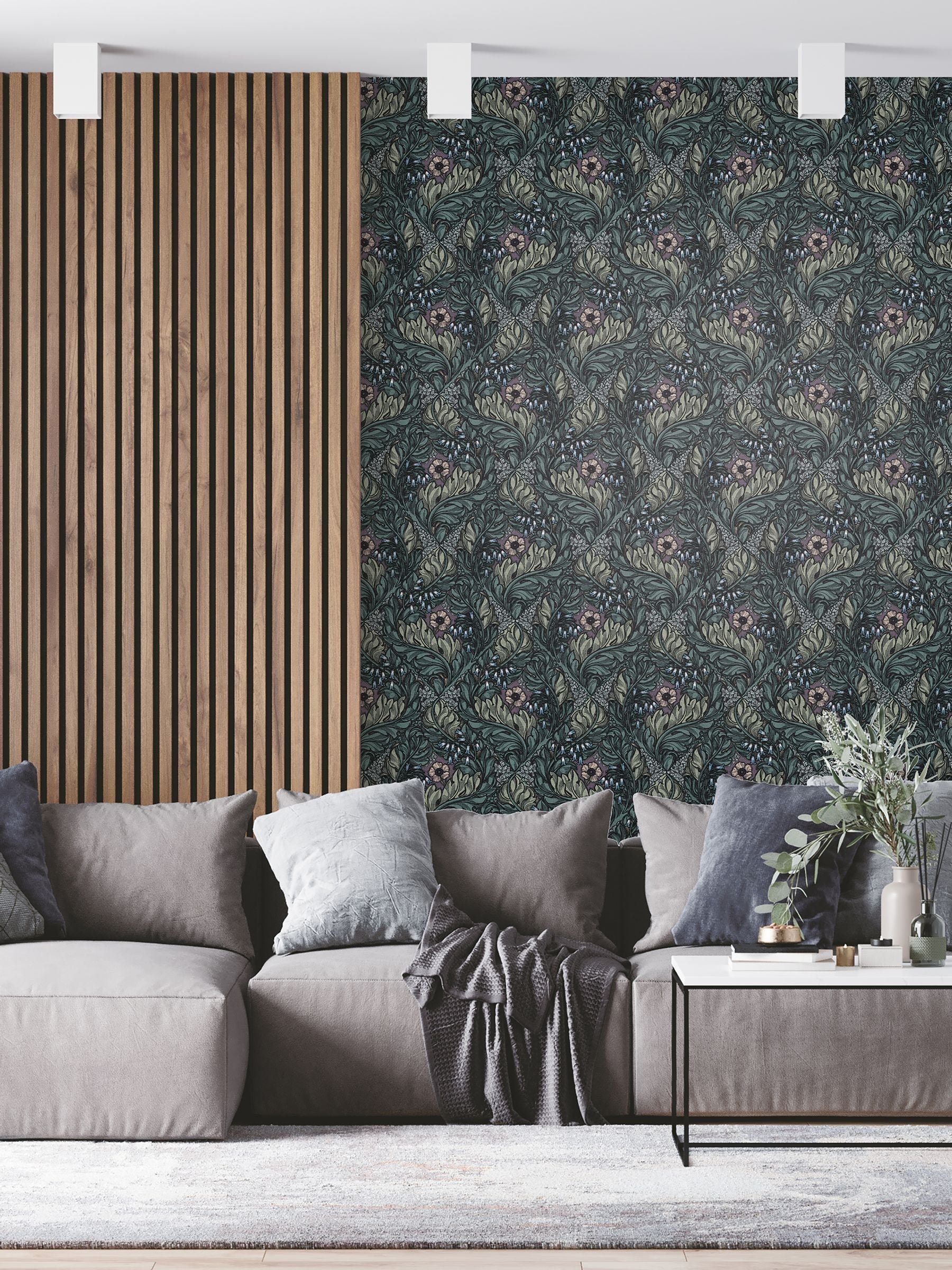Laurence Llewelyn-Bowen green floral wallpaper sample A4, imported from the UK