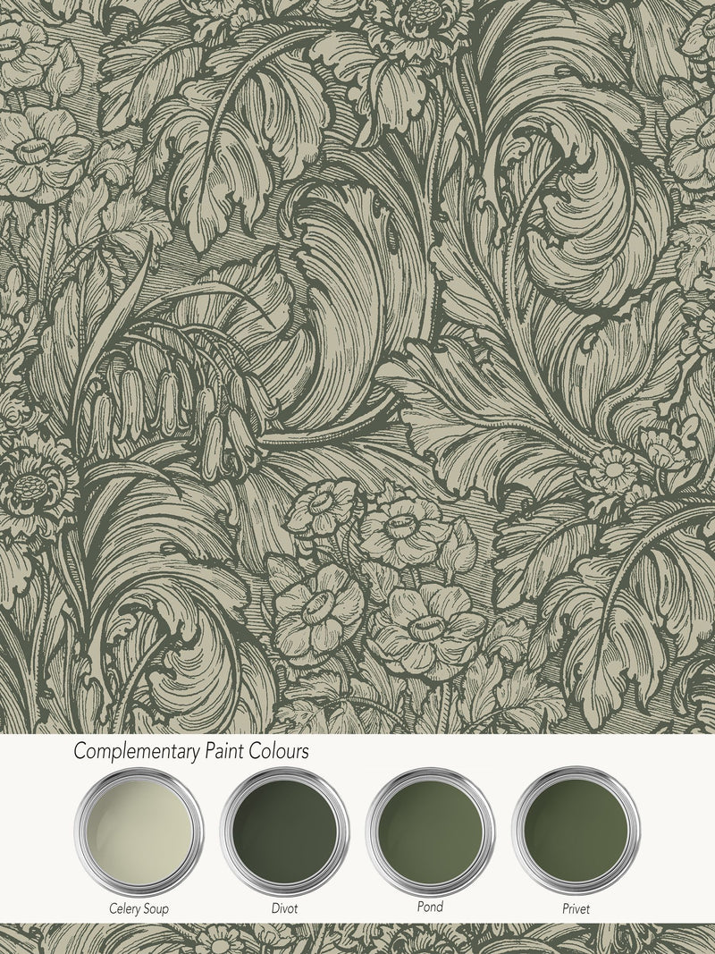 Laurence Llewelyn-Bowen wallpaper sample Hedgerovia green floral print A4 - British product
