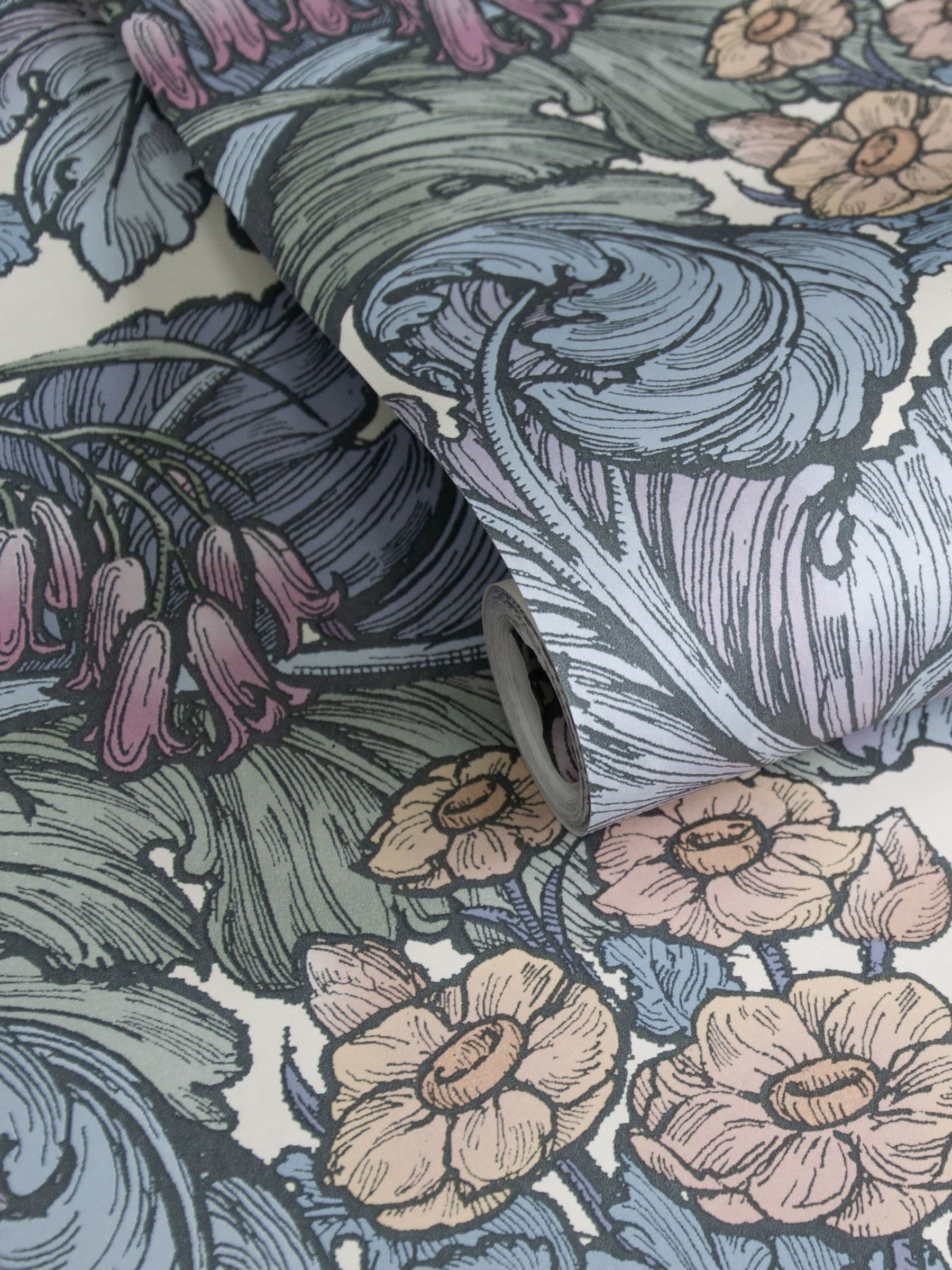 Laurence Llewelyn-Bowen blue Hedgerovia floral print wallpaper sample A4 (British brand)