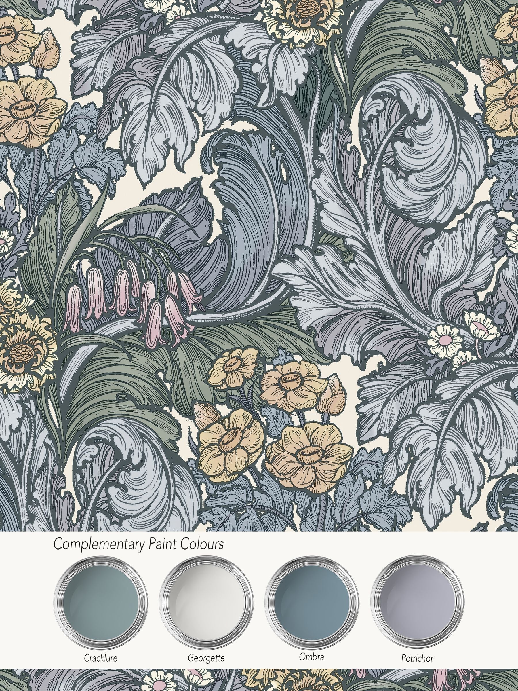 Laurence Llewelyn-Bowen blue Hedgerovia floral print wallpaper sample A4 (British brand)
