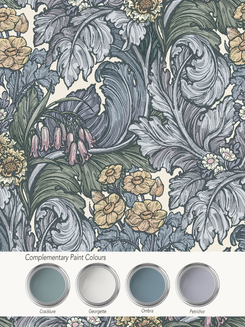 Laurence Llewelyn-Bowen blue Hedgerovia floral print wallpaper sample A4 (British brand)