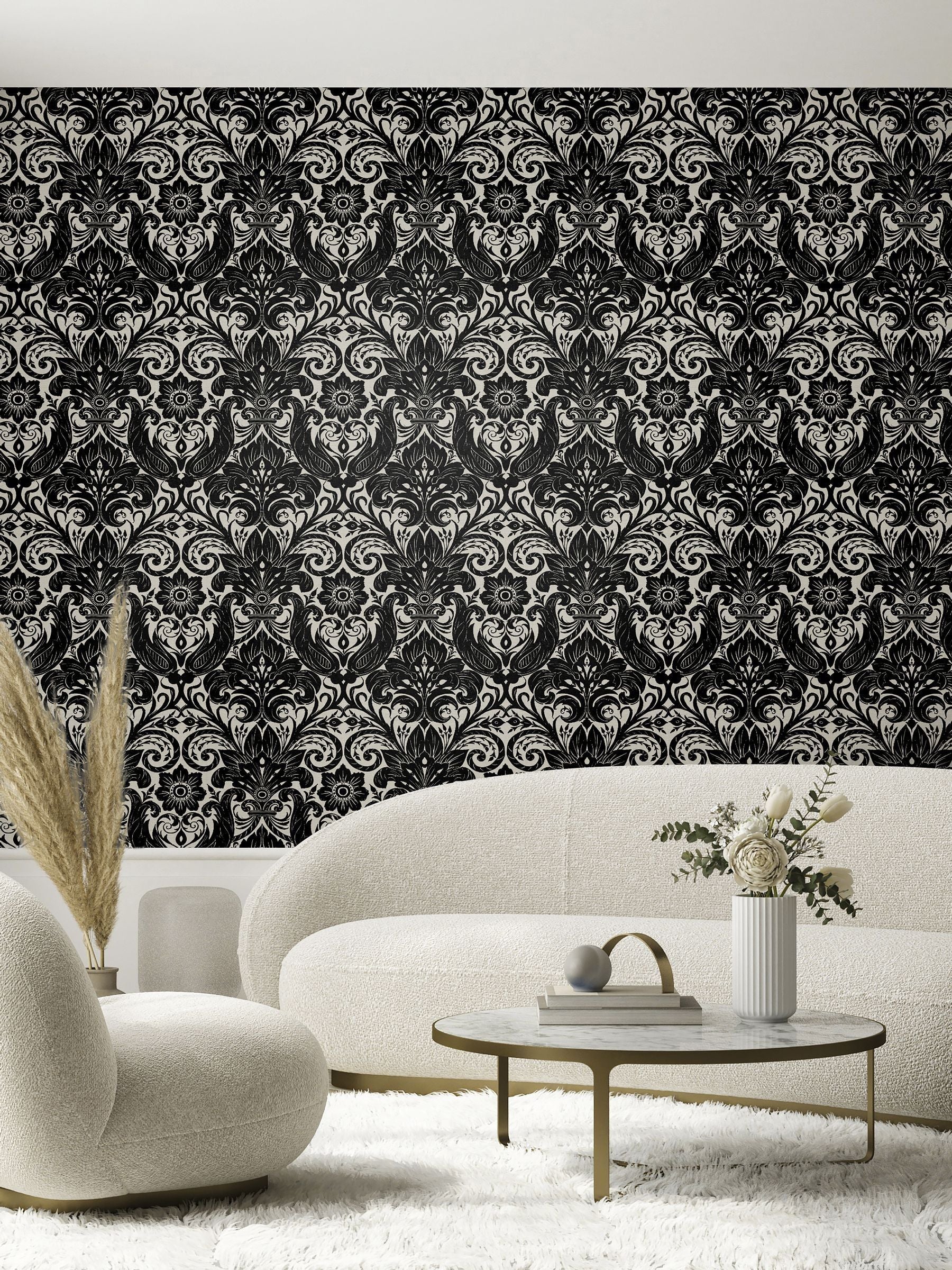 Laurence Llewelyn-Bowen Black Damask Sauvage Flock A4 Wallpaper Sample