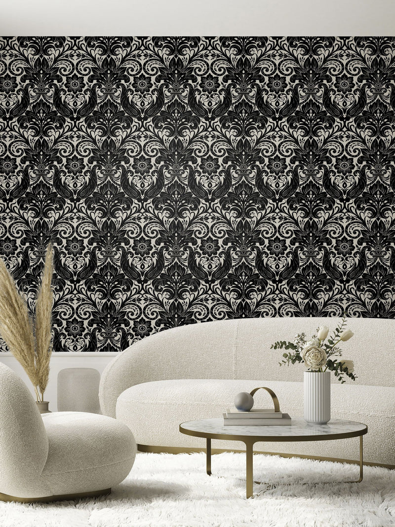 Laurence Llewelyn-Bowen Black Damask Sauvage Flock A4 Wallpaper Sample