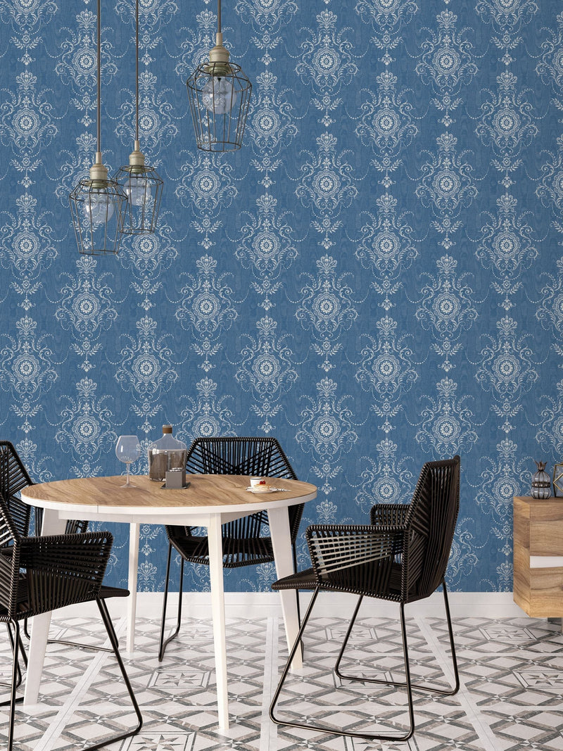 Galerie wallpaper sample Blue French Country Damask A4 (British brand)