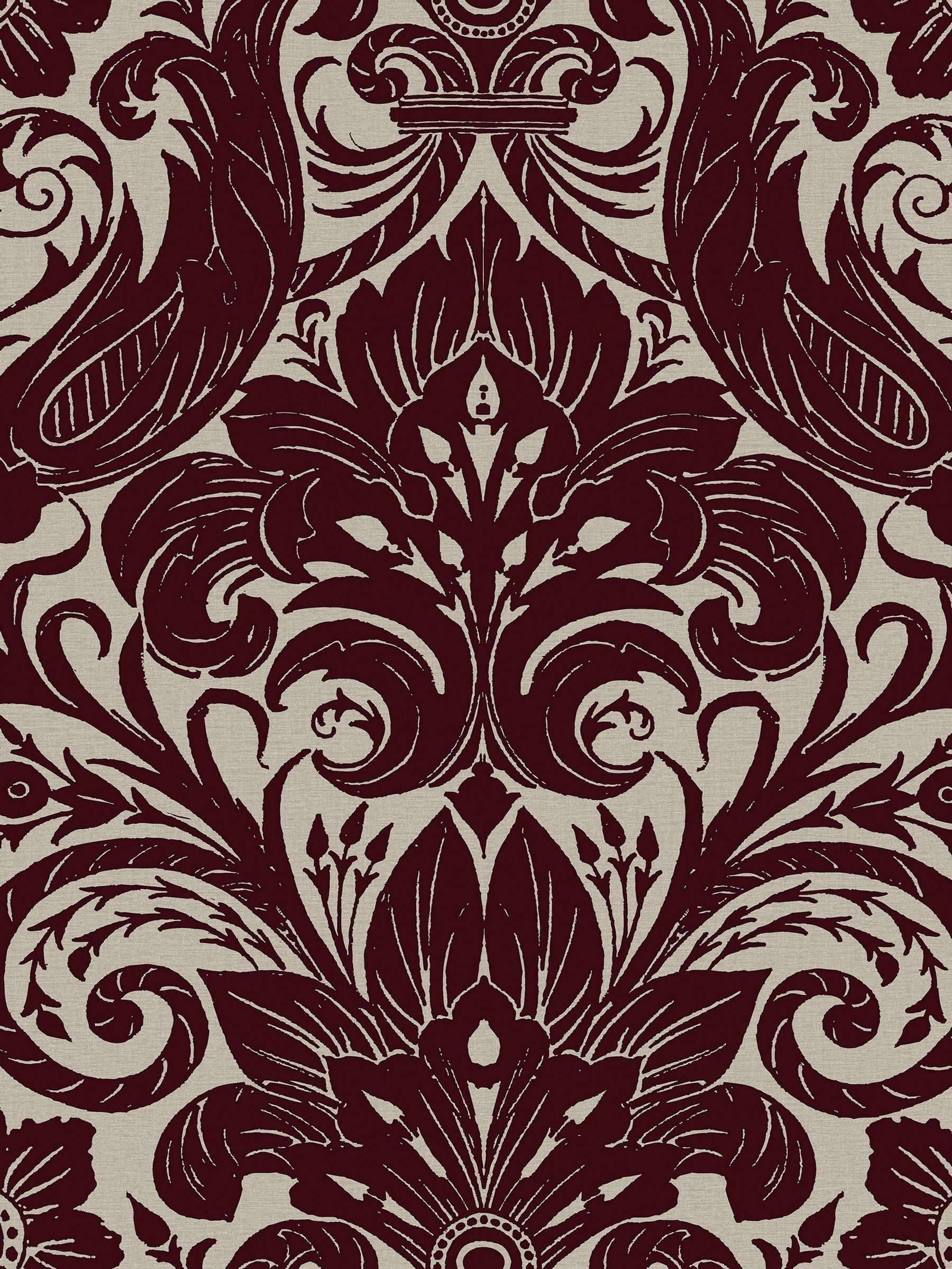 LLB red damask flock wallpaper sample A4, imported from the UK
