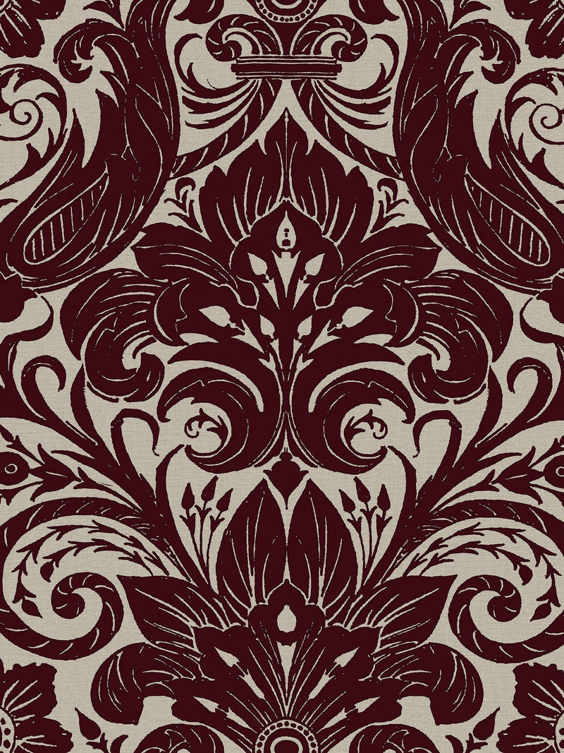 LLB red damask flock wallpaper sample A4, imported from the UK