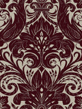 LLB red damask flock wallpaper sample A4, imported from the UK