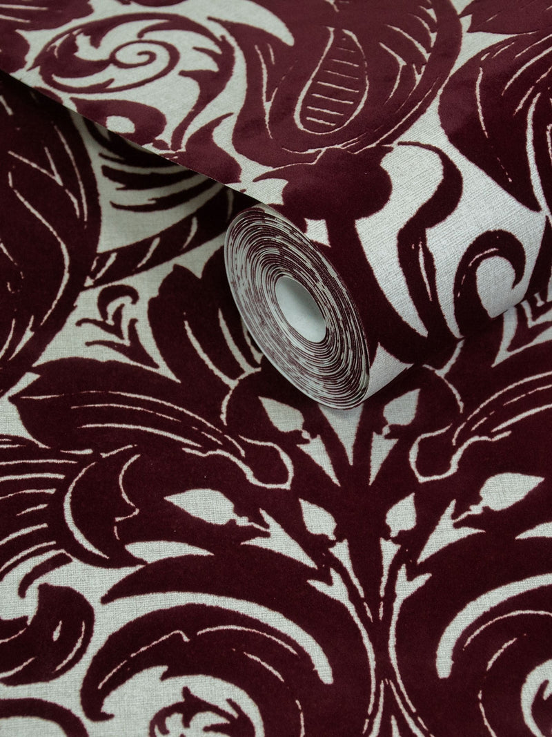 LLB red damask flock wallpaper sample A4, imported from the UK