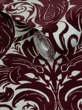 LLB red damask flock wallpaper sample A4, imported from the UK