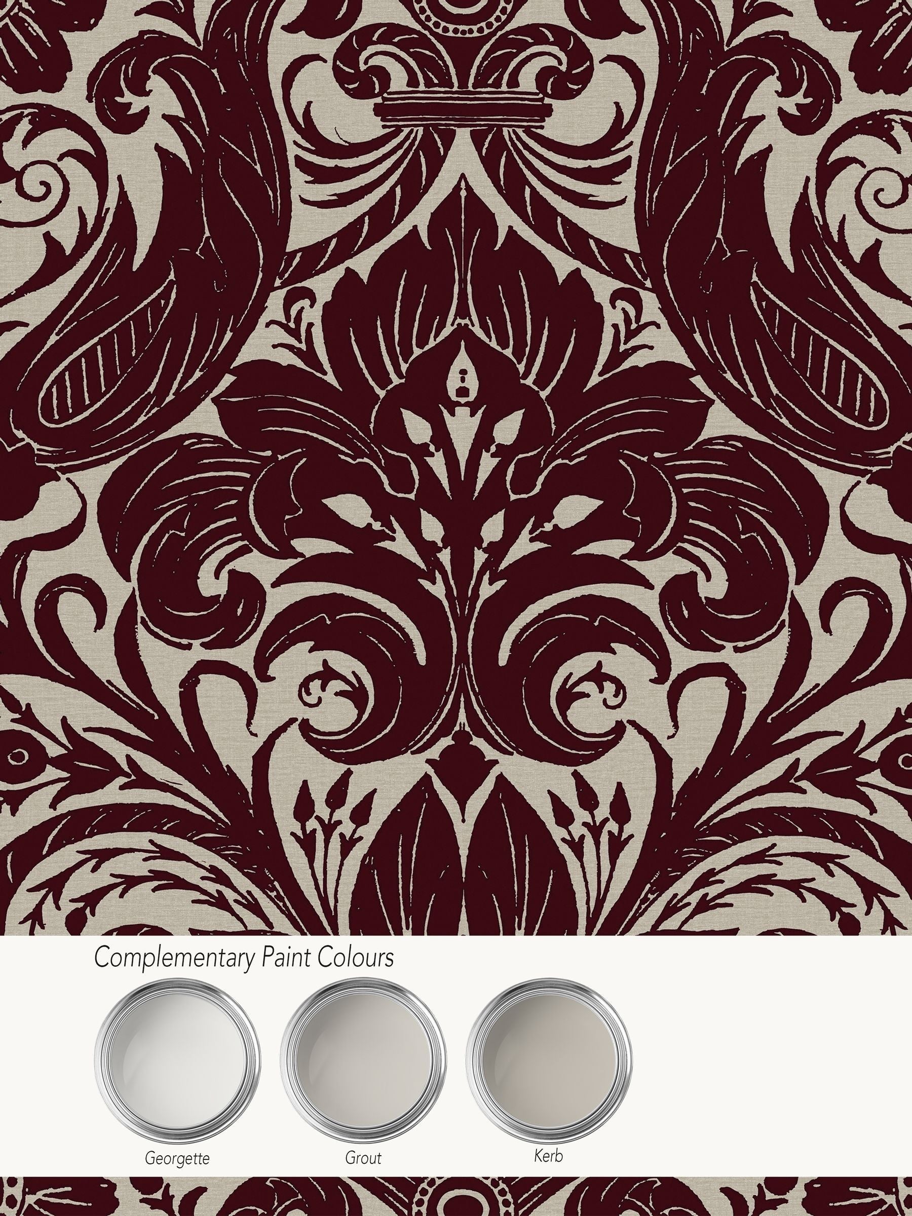 LLB red damask flock wallpaper sample A4, imported from the UK