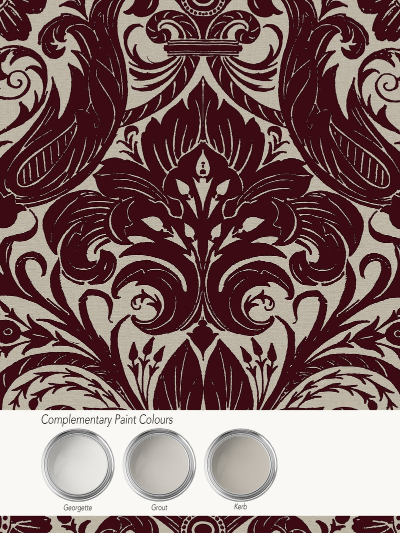 LLB red damask flock wallpaper sample A4, imported from the UK