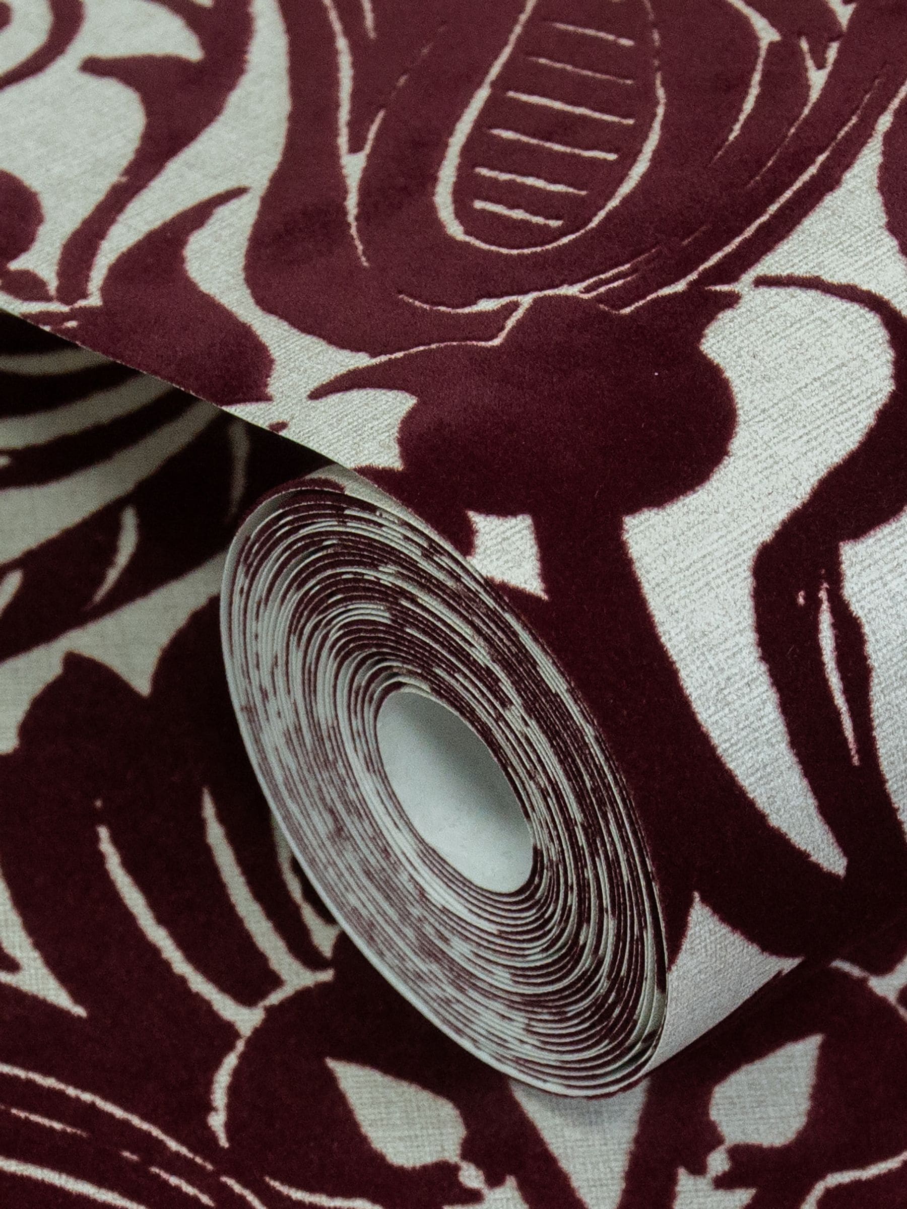LLB red damask flock wallpaper sample A4, imported from the UK