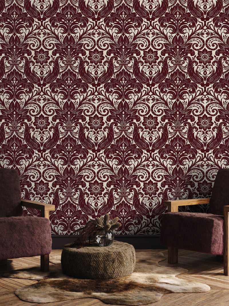 Laurence Llewelyn-Bowen Red Damask Sauvage Flock A4 Wallpaper Sample