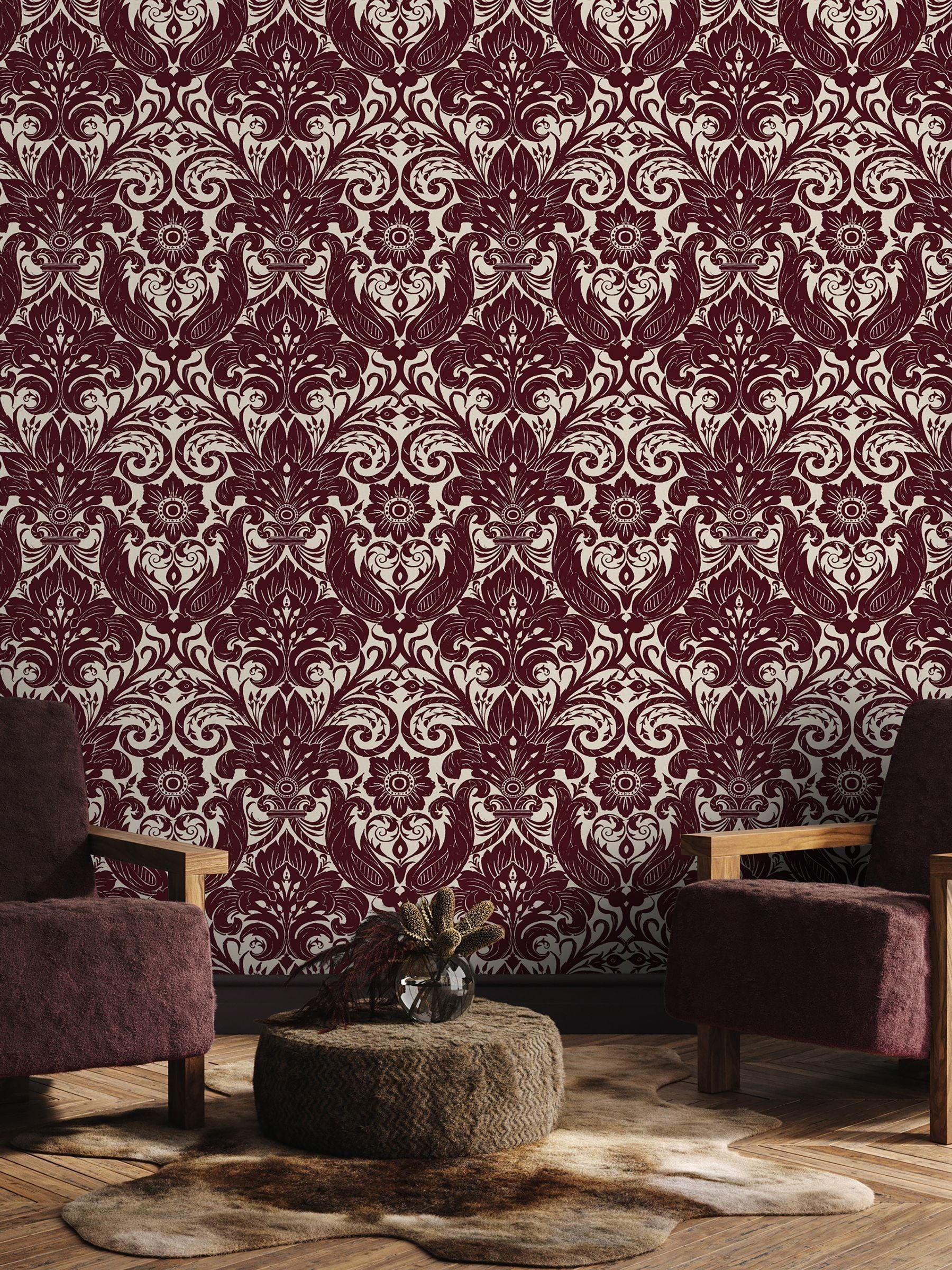 Laurence Llewelyn-Bowen Red Damask Sauvage Flock A4 Wallpaper Sample