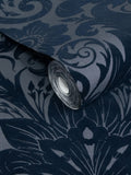 Laurence Llewelyn-Bowen blue Damask Sauvage flock wallpaper sample A4 (British brand)