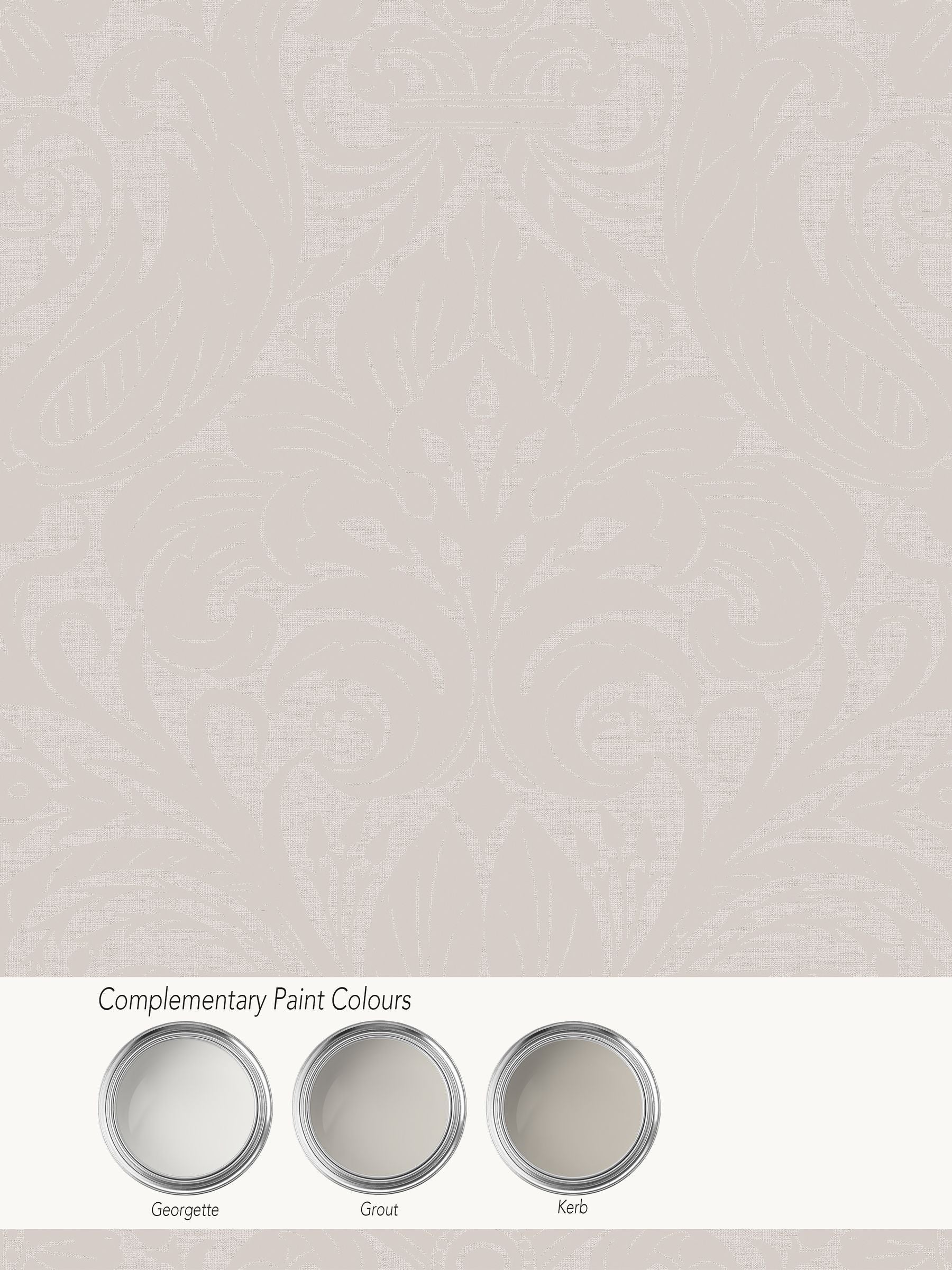 Laurence Llewelyn-Bowen Beige Damask Sauvage Flock wallpaper sample A4, imported from the UK