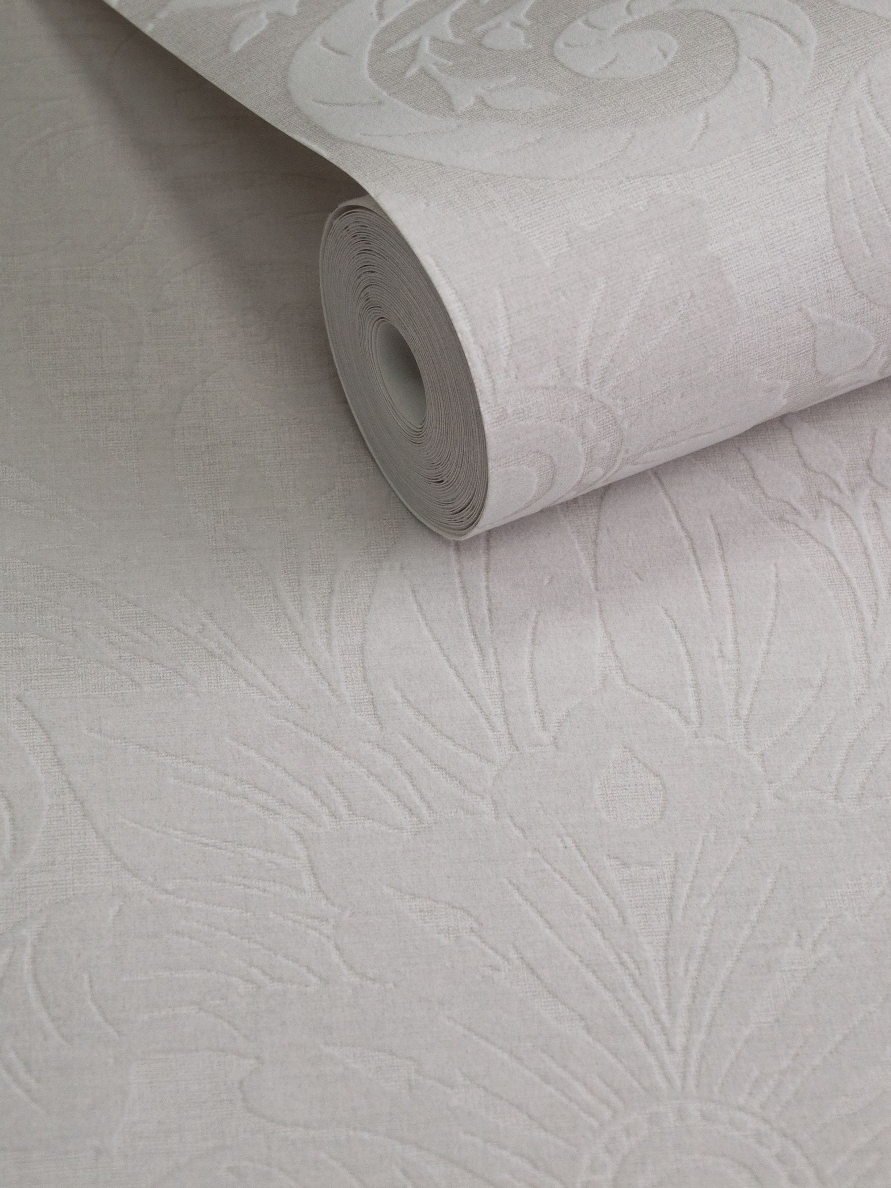 Laurence Llewelyn-Bowen Beige Damask Sauvage Flock wallpaper sample A4, imported from the UK