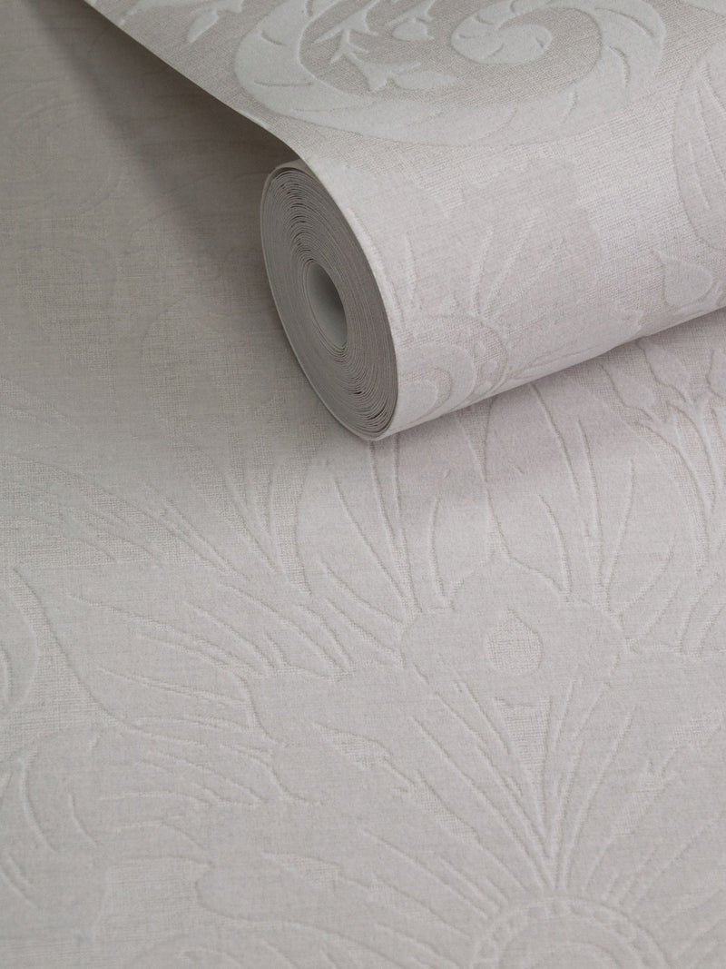 Laurence Llewelyn-Bowen Beige Damask Sauvage Flock wallpaper sample A4, imported from the UK