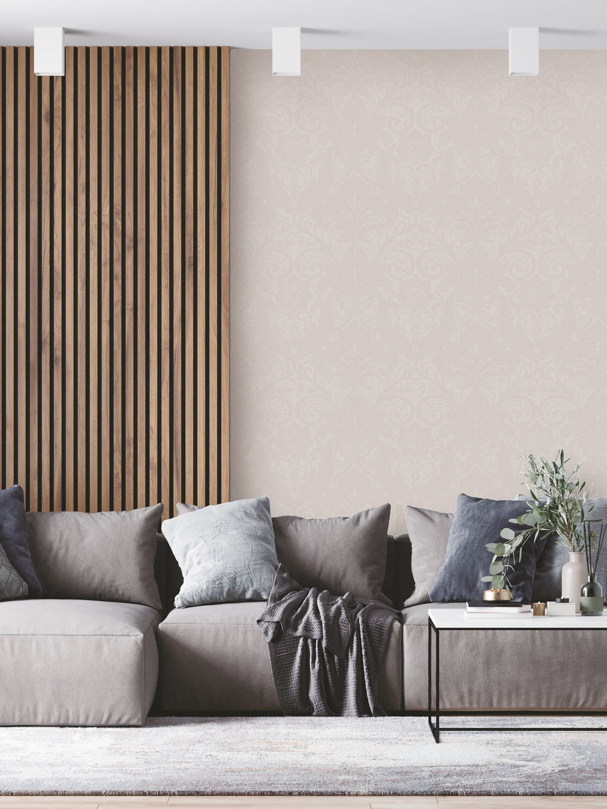 Laurence Llewelyn-Bowen Beige Damask Sauvage Flock wallpaper sample A4, imported from the UK