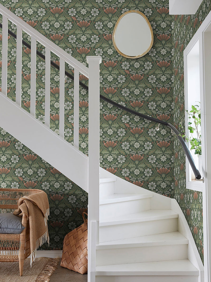Galerie green floral wallpaper sample A4 with matte tones - British product