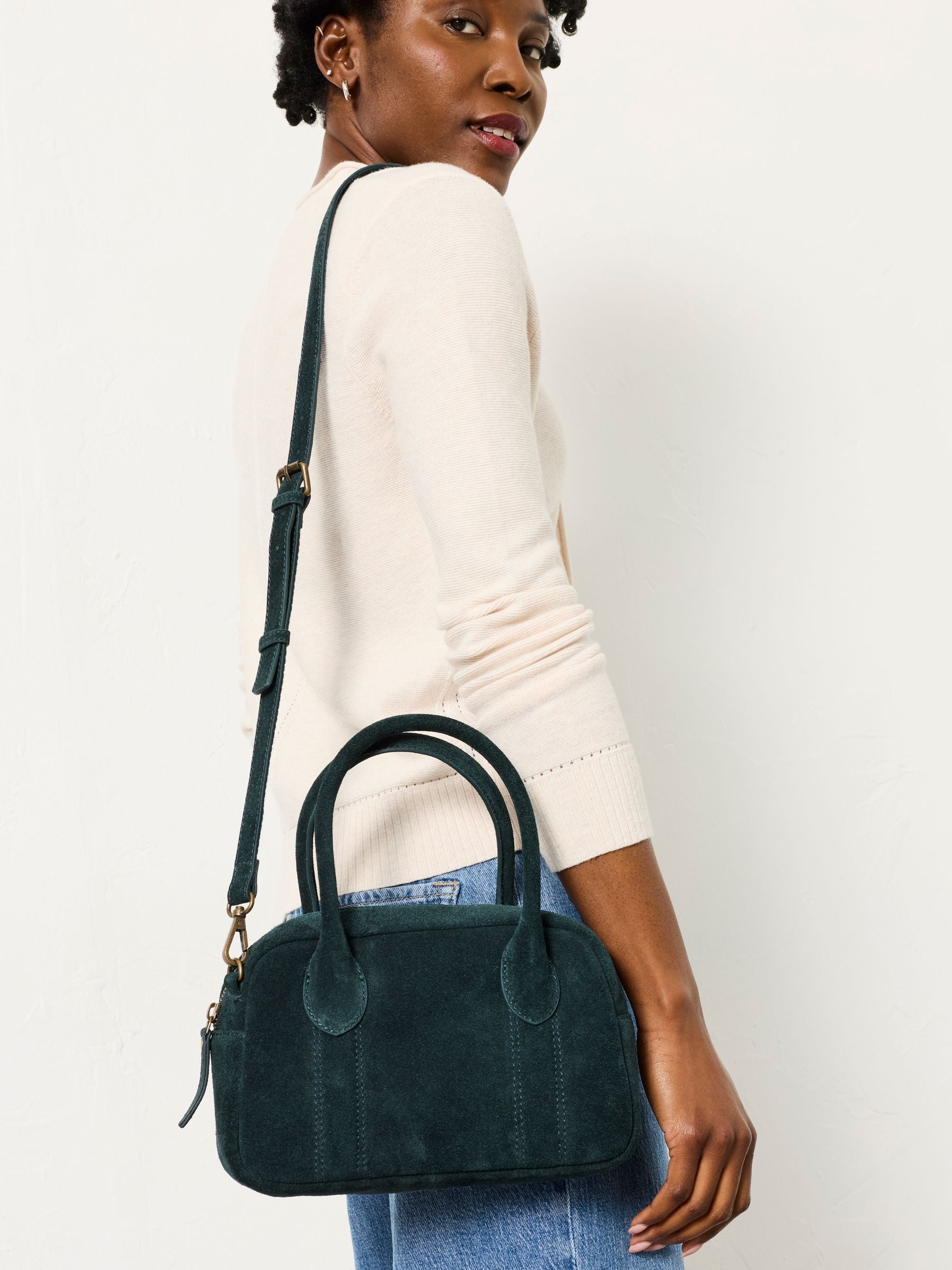 FatFace Teal Blue Suede Bowling Bag accessory, UK version