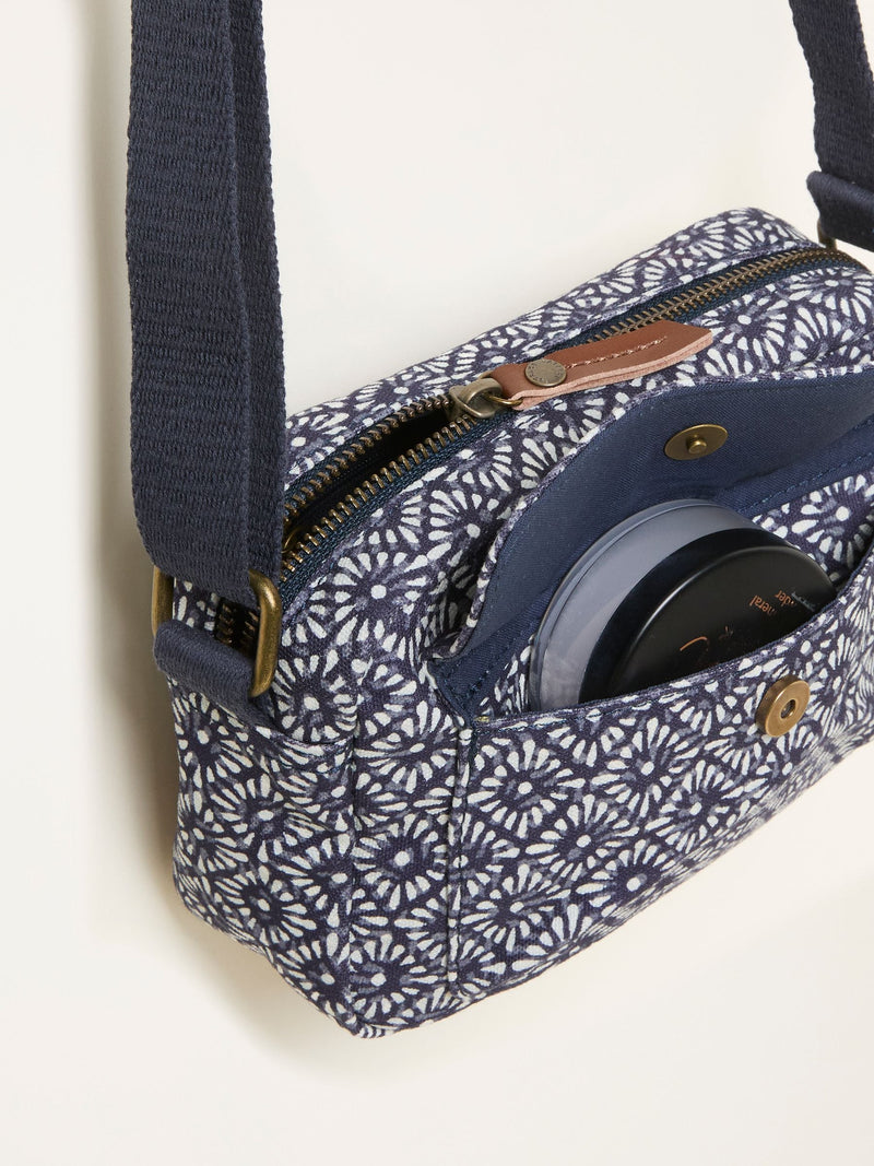 FatFace navy blue geometric canvas camera bag, imported from the UK