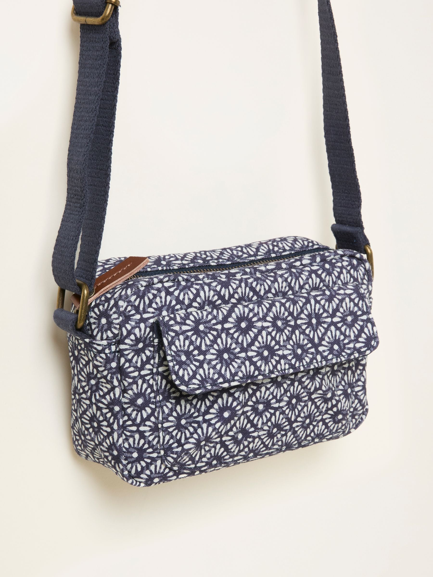 FatFace navy blue geometric canvas camera bag, imported from the UK