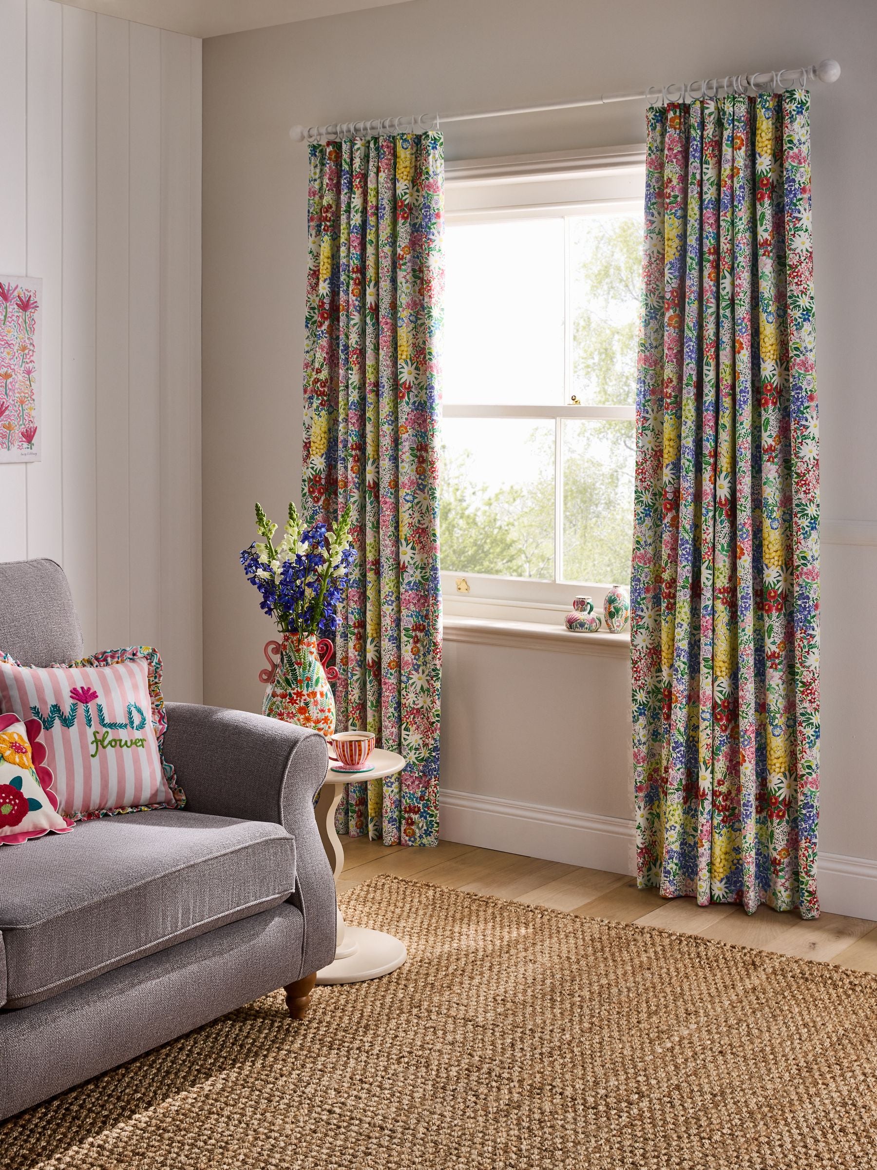 Lucy Tiffney periwinkle floral pencil pleat blackout curtains (British brand)