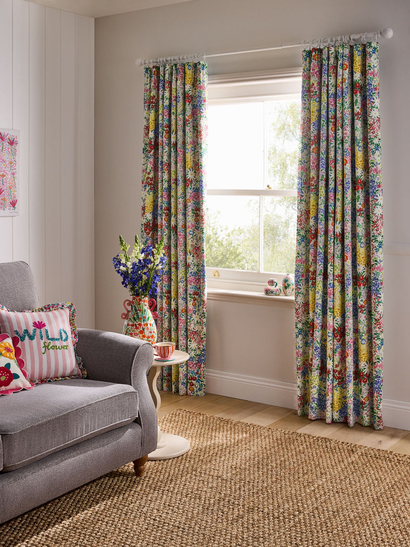 Lucy Tiffney periwinkle floral pencil pleat blackout curtains (British brand)