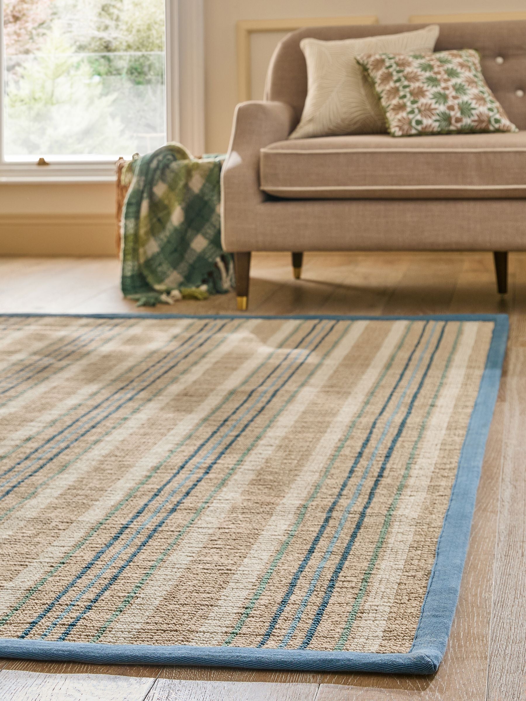 Nina Campbell blue stripe sisal flatweave rug, imported from the UK