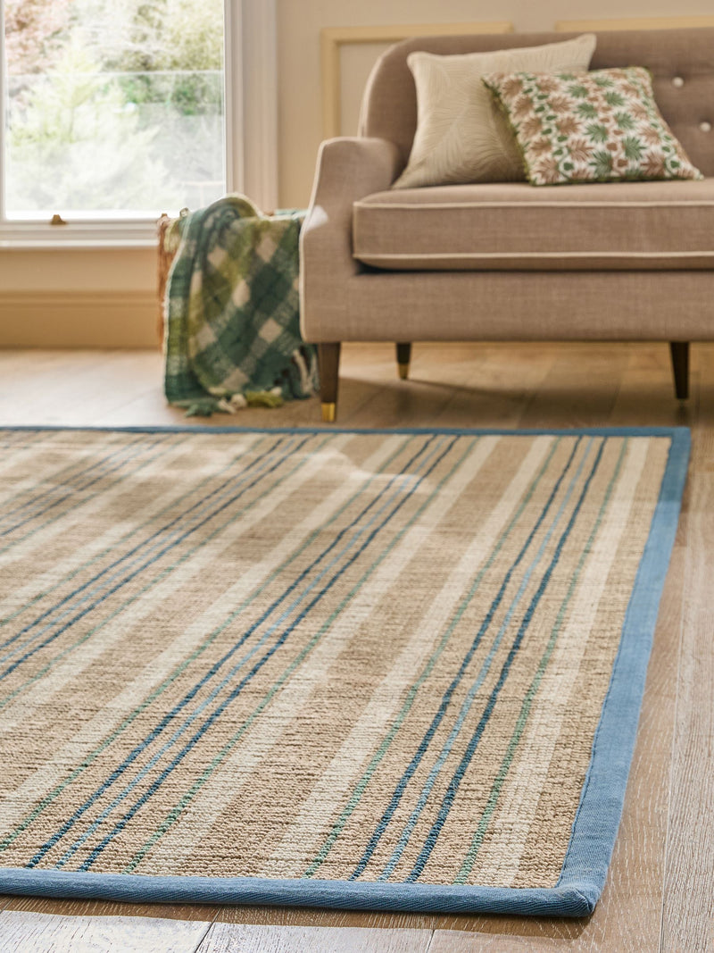 Nina Campbell blue stripe sisal flatweave rug, imported from the UK
