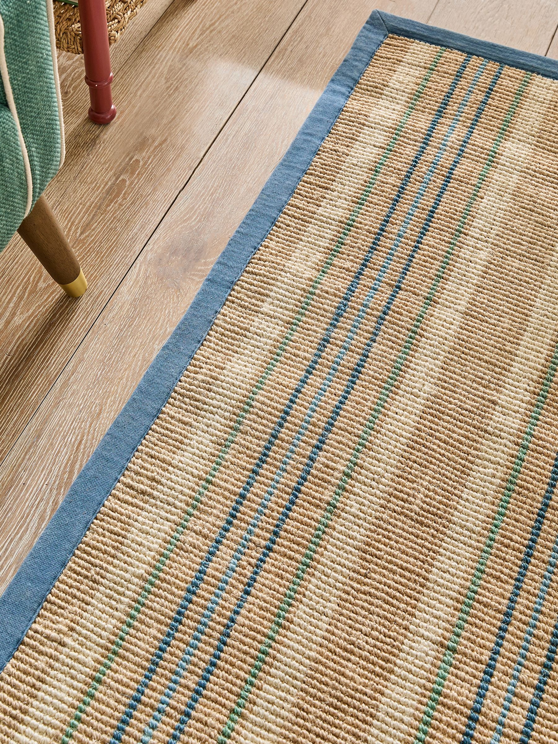 Nina Campbell blue stripe sisal flatweave rug, imported from the UK