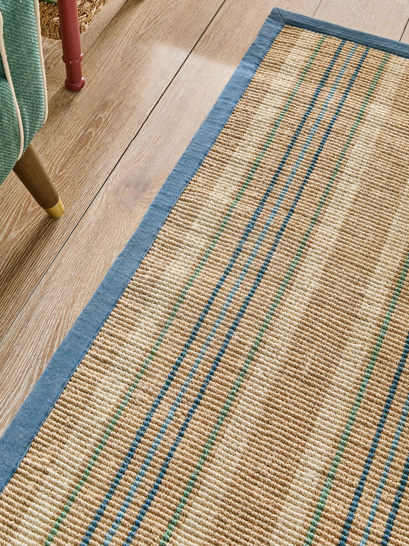 Nina Campbell blue stripe sisal flatweave rug, imported from the UK