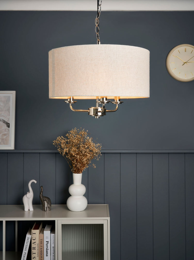 BHS Henry 3 polished nickel pendant light, imported from the UK
