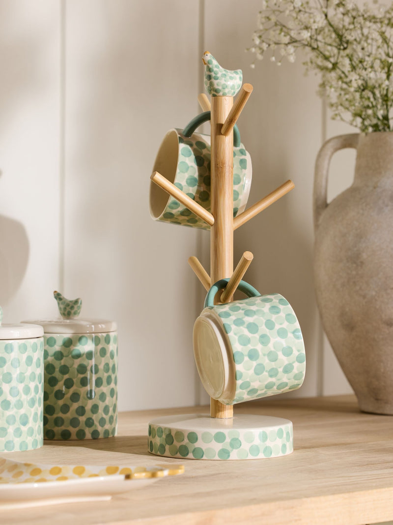 Ceramic chicken mug tree sage green bamboo pole 38cm - British product