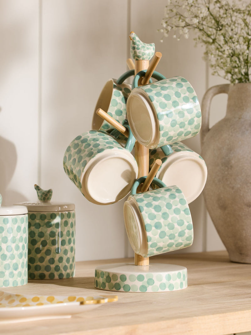 Ceramic chicken mug tree sage green bamboo pole 38cm - British product