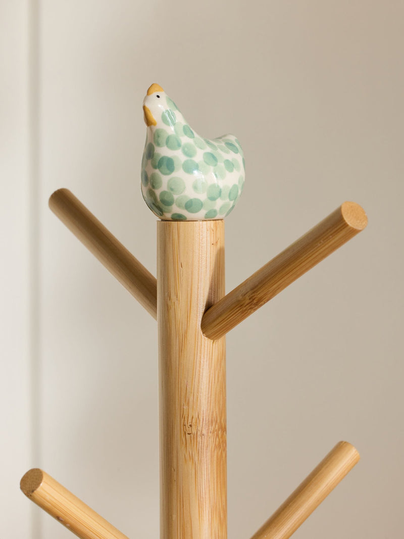 Ceramic chicken mug tree sage green bamboo pole 38cm - British product