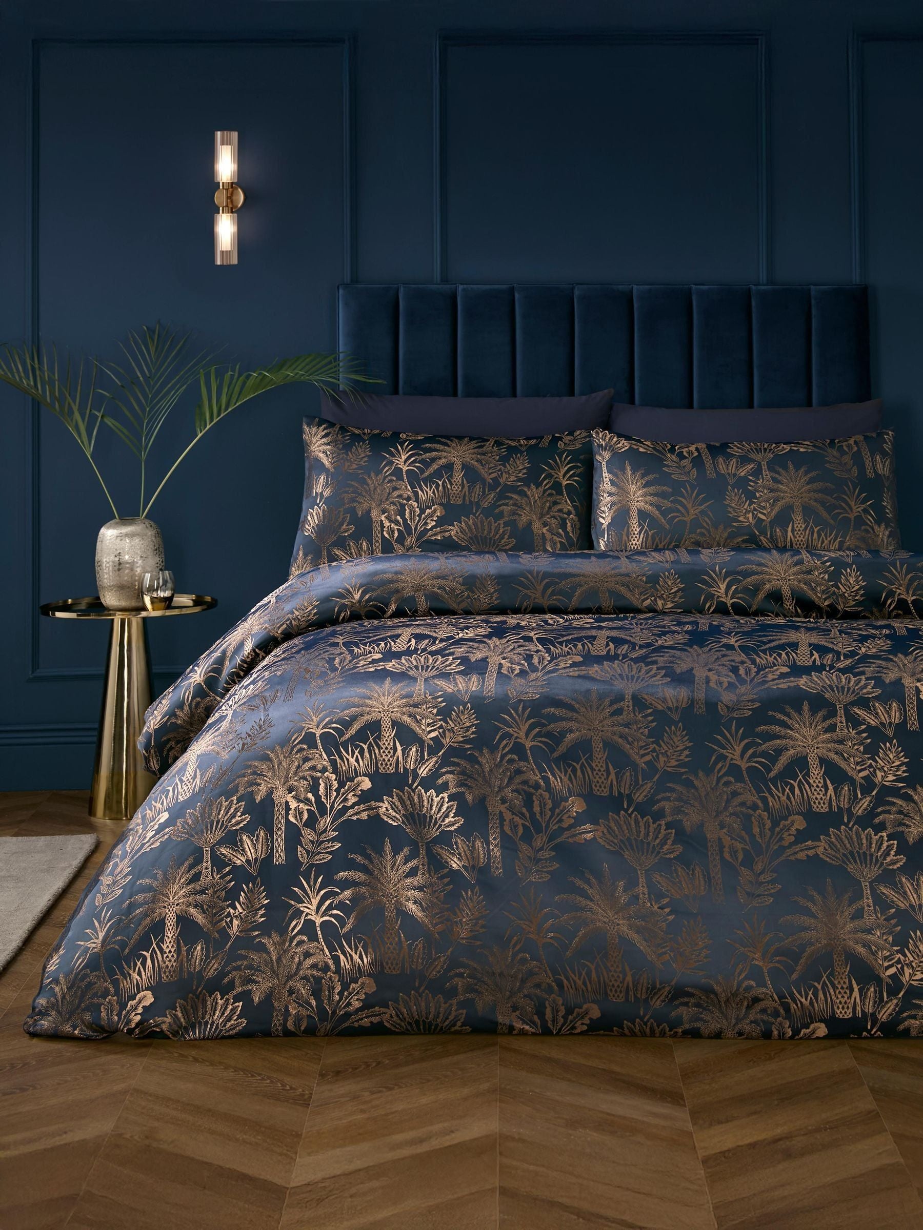 Soiree Navy Midnight Palm Print Jacquard Duvet Cover Set