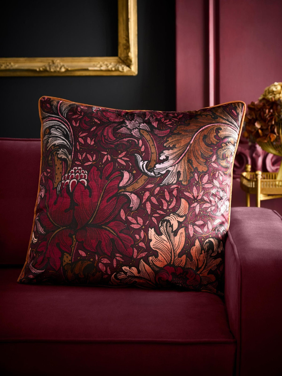 Laurence Llewelyn-Bowen burgundy velvet Morris Major chintz cushion 55x55cm (British brand)