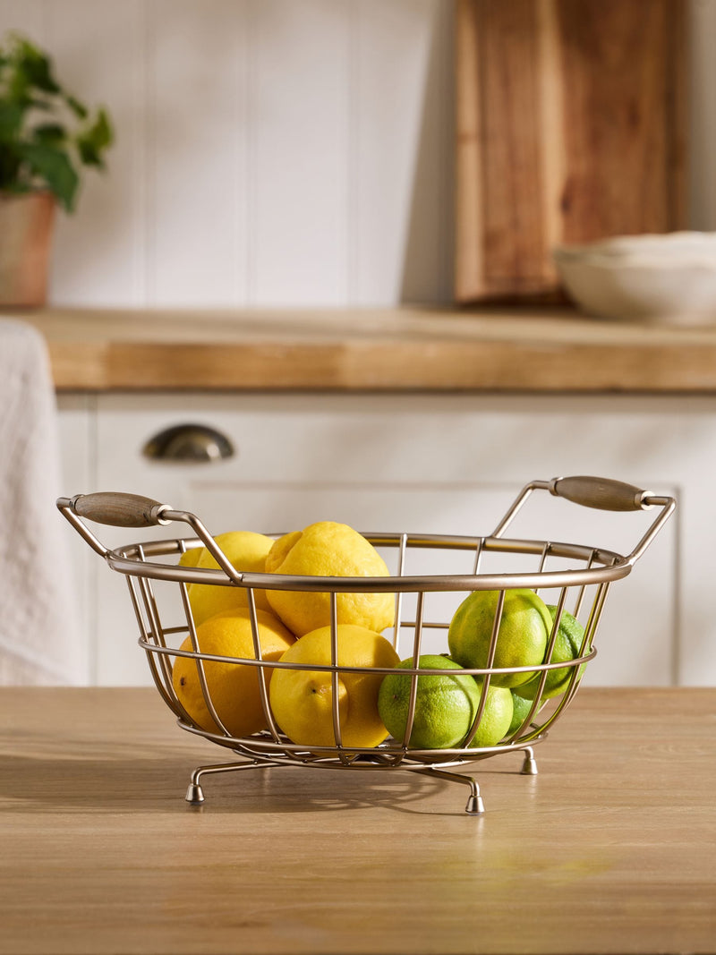 Antique gold Hertford fruit bowl with wooden handles (British brand)