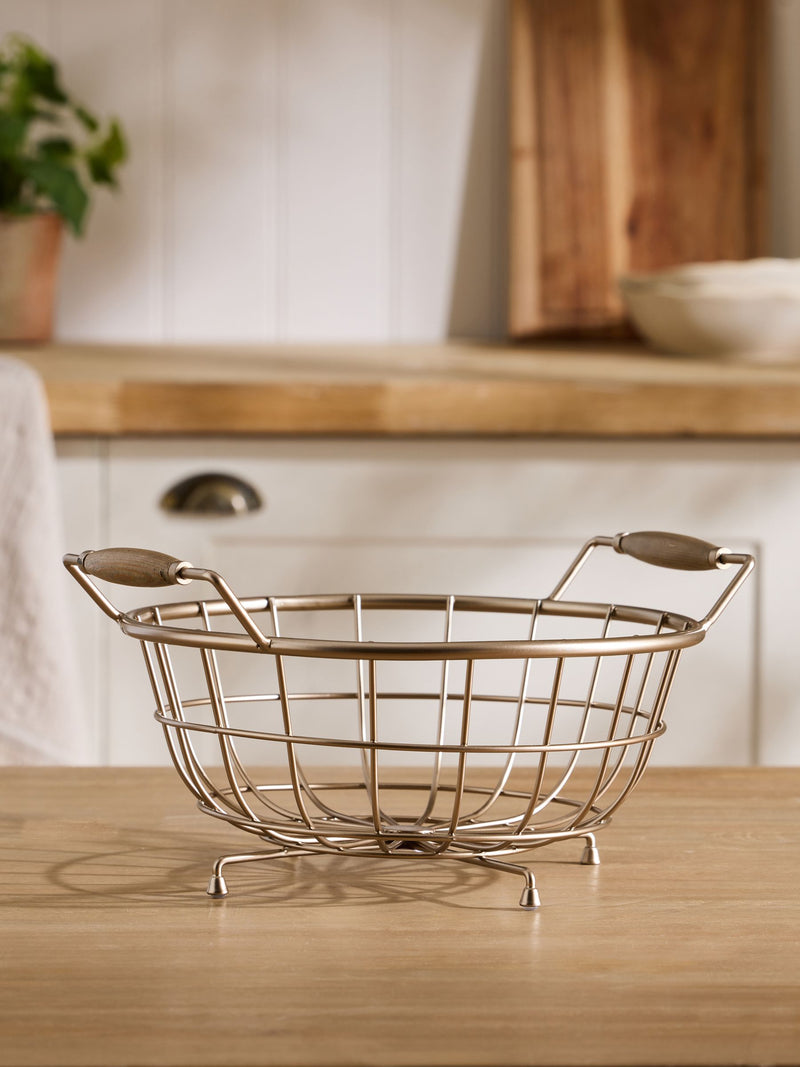 Antique gold Hertford fruit bowl with wooden handles (British brand)