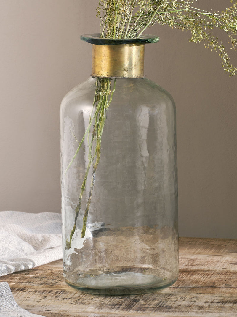 Nkuku Clear Chara hammered glass bottle 39cm height, imported from the UK