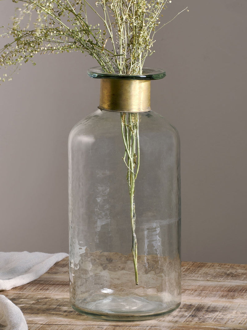 Nkuku Clear Chara hammered glass bottle 39cm height, imported from the UK