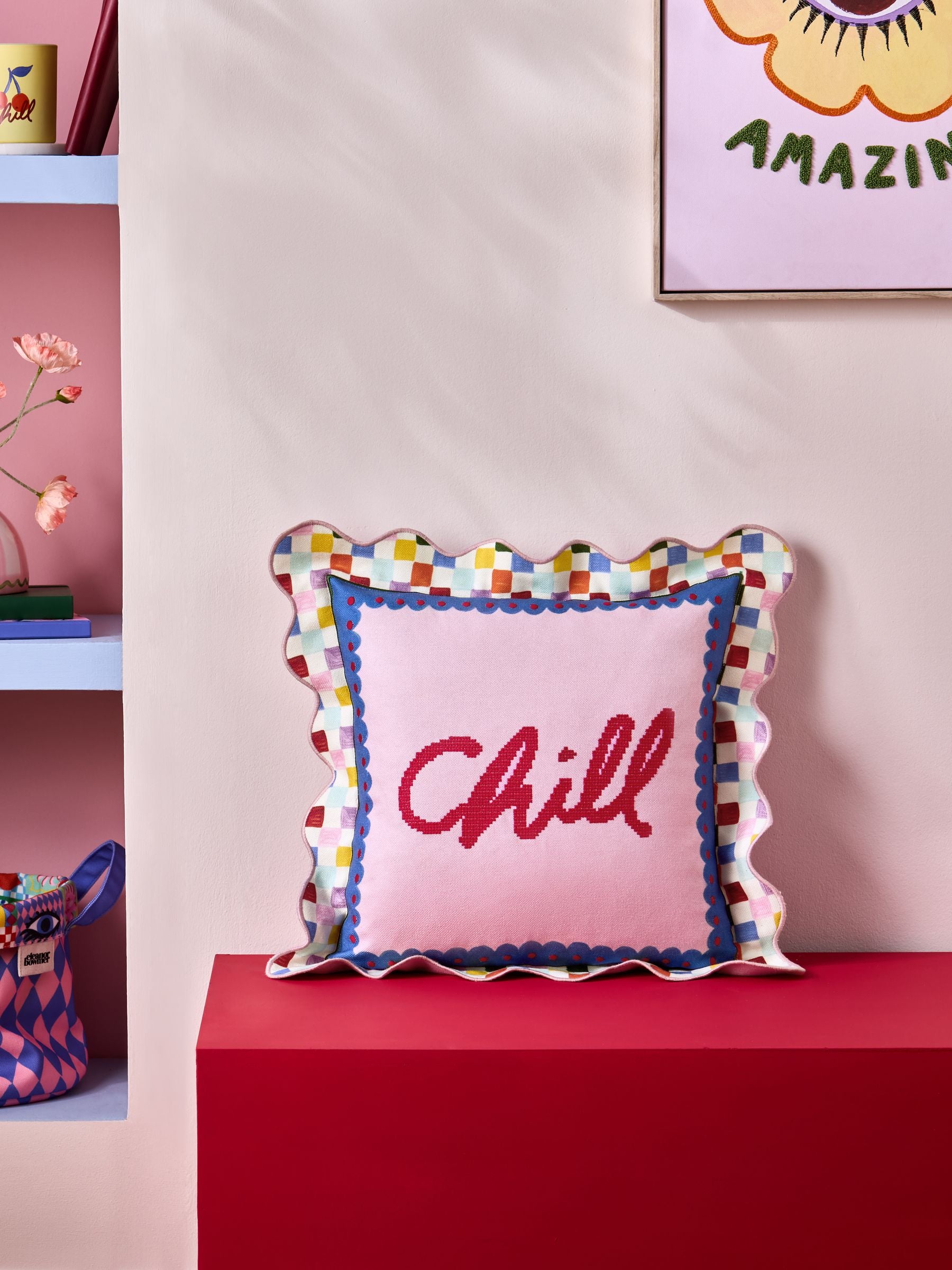 Eleanor Bowmer multi chill slogan needlepoint cushion 45cm (British brand)