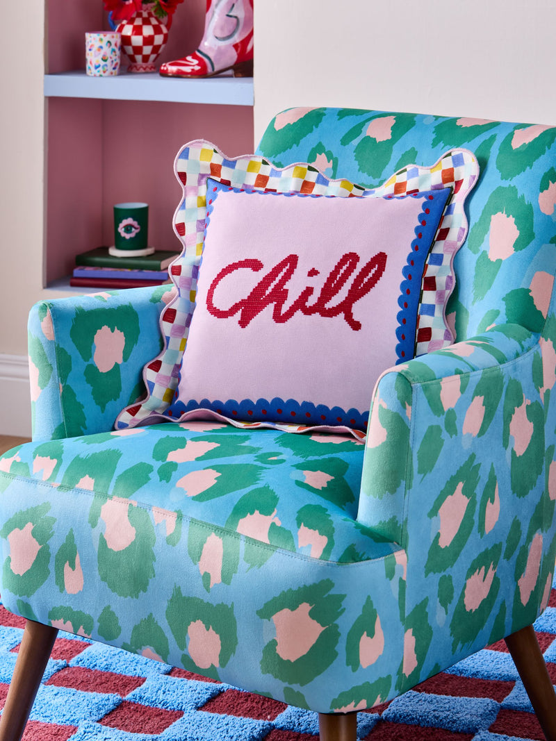 Eleanor Bowmer multi chill slogan needlepoint cushion 45cm (British brand)