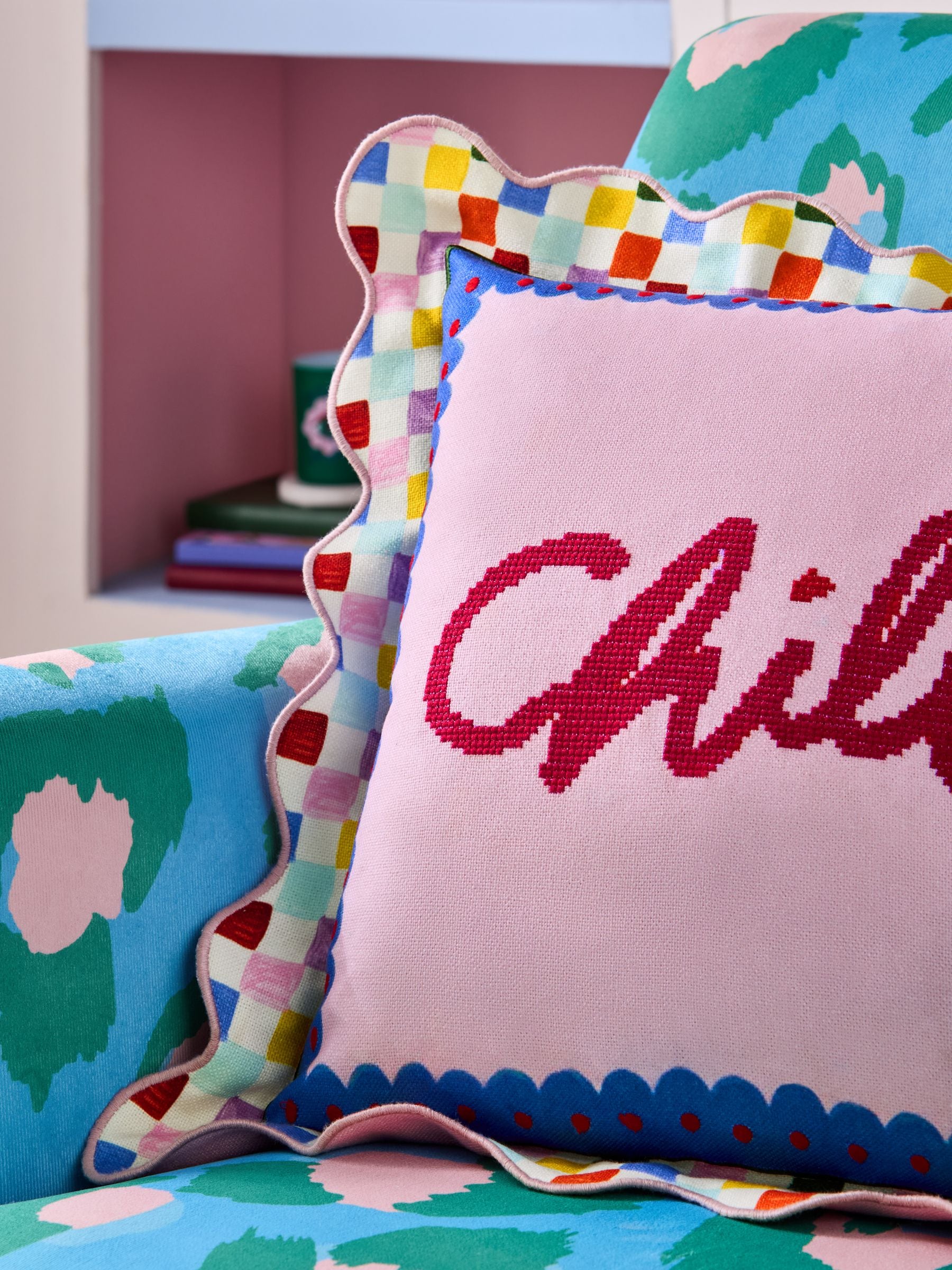 Eleanor Bowmer multi chill slogan needlepoint cushion 45cm (British brand)