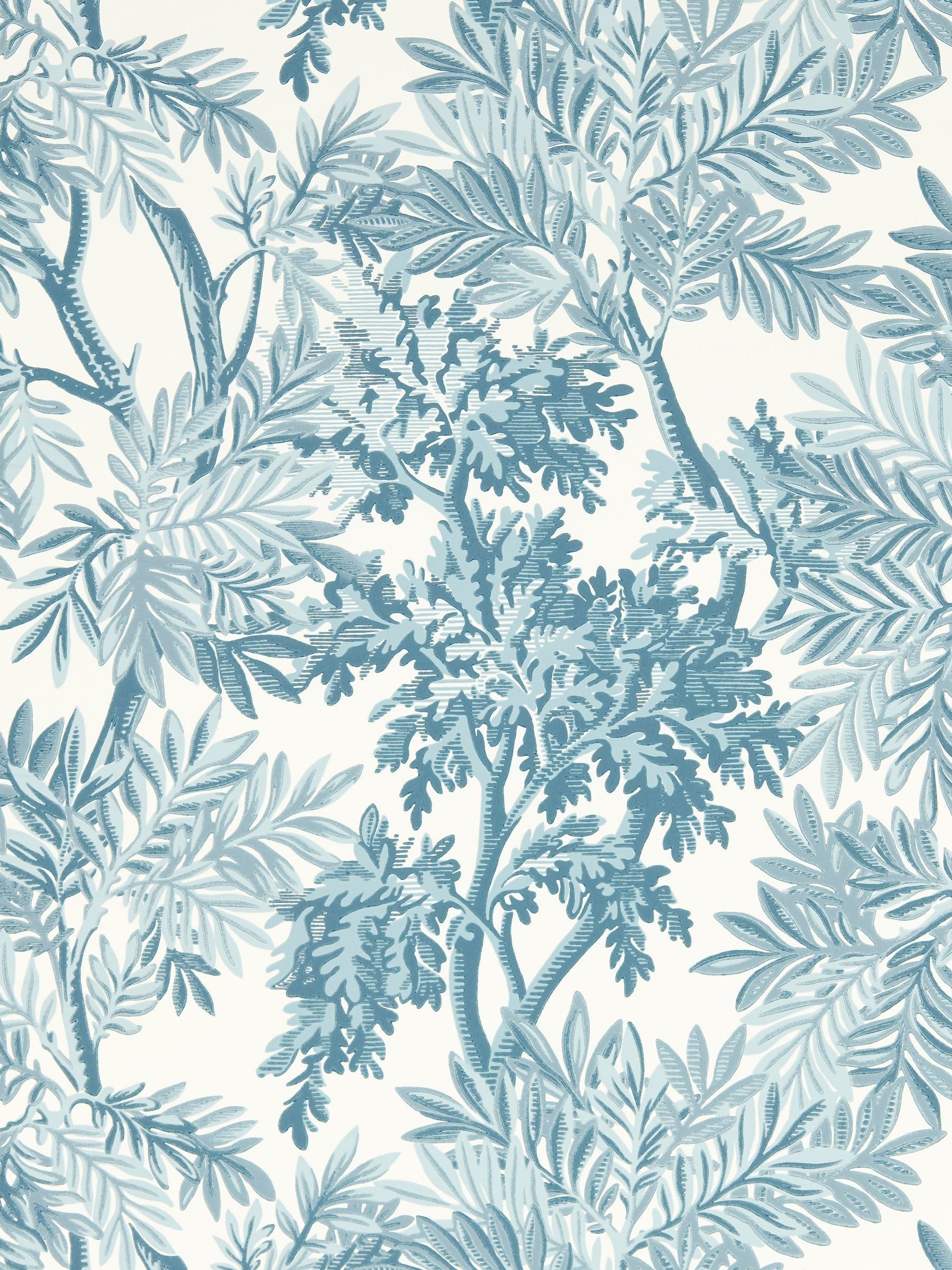 Sanderson Blue Tapestry Trees wallpaper sample A4, imported from the UK